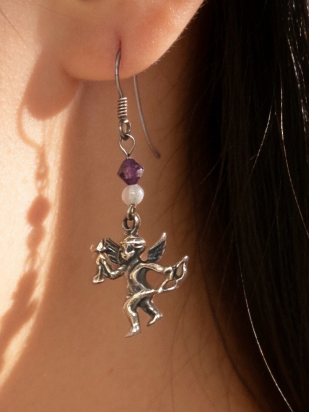 Sterling Silver Cupid Earrings w Swarovski & Rose Quartz